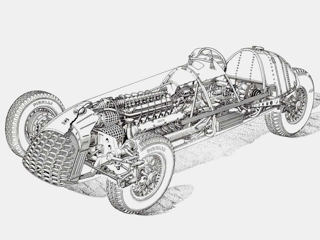 Компоновка первого болида Ferrari для «Формулы-1»: двигатель V12 к тому моменту получил приводные нагнетатели (видны в передней части и на верхе мотора) Компоновка первого болида Ferrari для «Формулы-1»: двигатель V12 к тому моменту получил приводные нагнетатели (видны в передней части и на верхе мотора)
