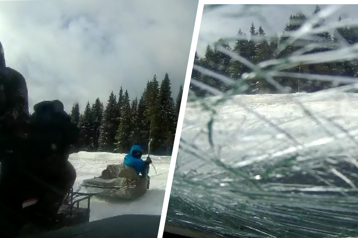 На Урале парни на снегоходе разбили машину смотрителя за камерой, которая фиксирует скорость