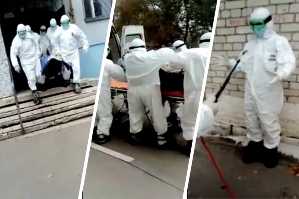 Заболевшего переносят на носилках в карету скорой помощи Заболевшего переносят на носилках в карету скорой помощи