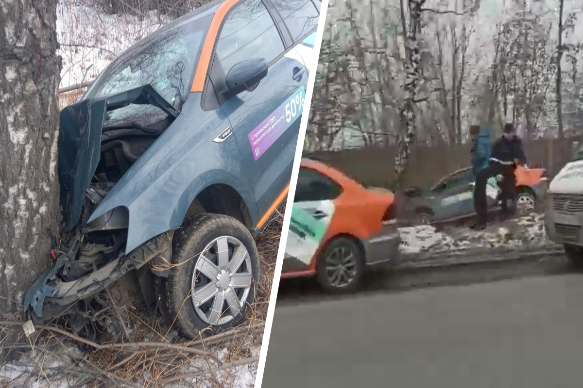 В Екатеринбурге автомобиль каршеринга вылетел с дороги и врезался в дерево
