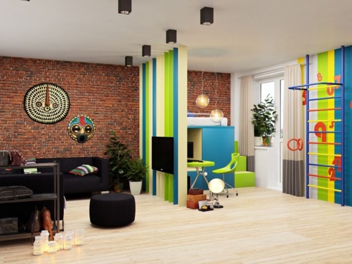Зонировать квартиру можно с помощью цвета, вертикальных деревянных ламелей, ткани и других материалов. Необязательно строить кирпичные стены
