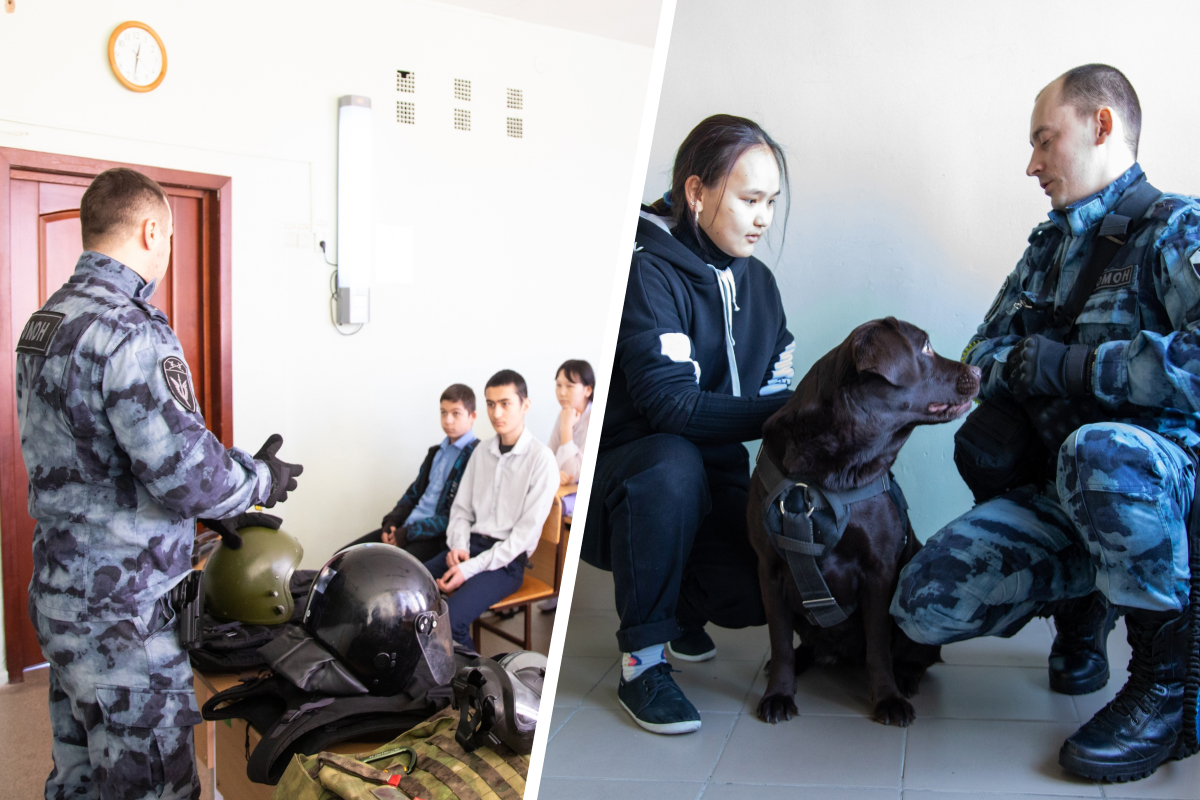 Проверка омона. Собака в бронежилете и каске полиция РФ.