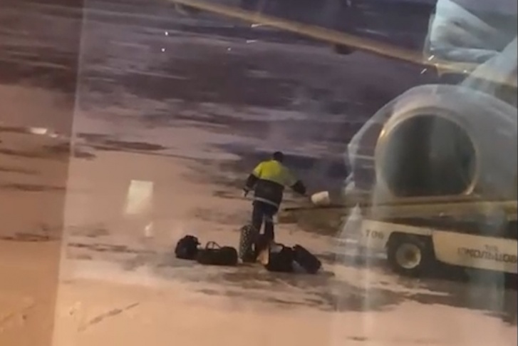 Кадры, на которых видно, как сотрудник аэропорта бросает багаж на заснеженный асфальт, челябинка сделала в Кольцово