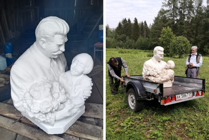 Скульптура после реставрации и сразу после того, как ее привезли в Каргополь