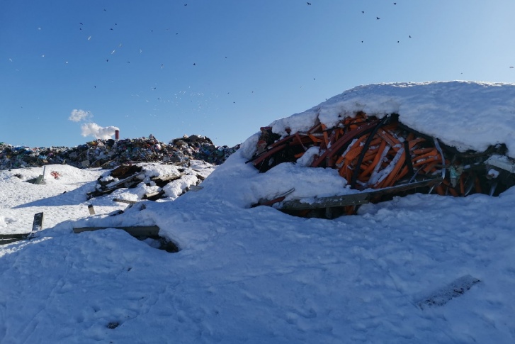 Кучи мусора на северодвинском полигоне припорошены снегом. Он растает, и с водой вредные вещества попадут в почву и грунтовые воды