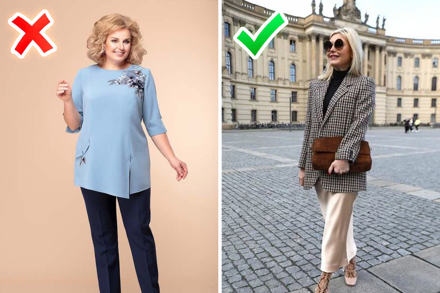 Привычка носить то, что куплено 10 лет назад, смело накидывает 10 лет сверху — крой блузы в сочетании с аппликацией, как на фото слева, давно вышел из моды