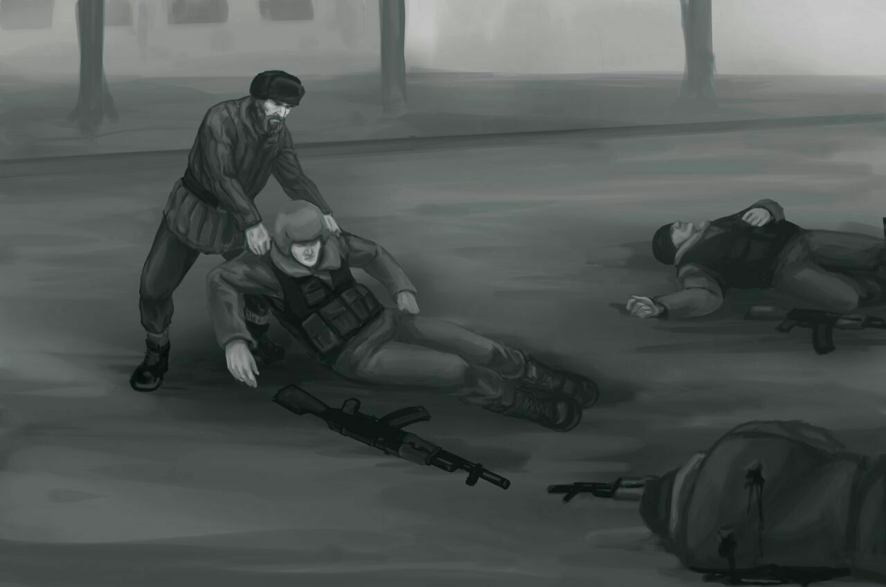 Чеченец вытаскивает из-под огня Владимира Бояршинова (СОБР Перми). Впоследствии местный житель погибнет от пули боевиков
