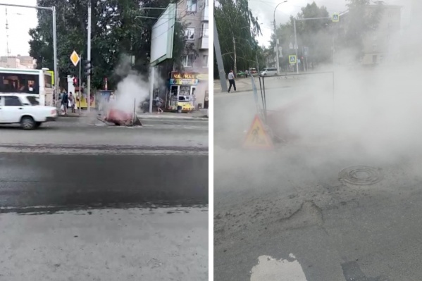 Из-за горячего пара просел асфальт Из-за горячего пара просел асфальт