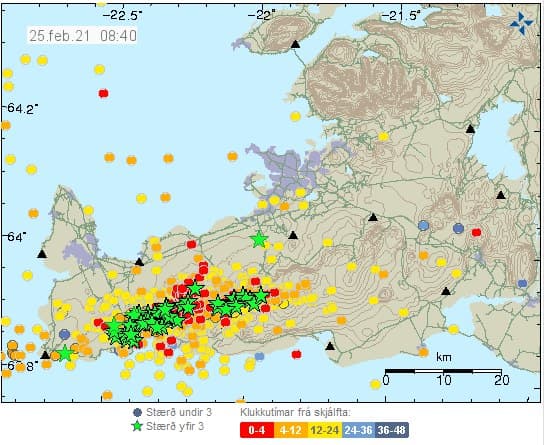 Эпицентры землетрясений в Исландии за последние сутки