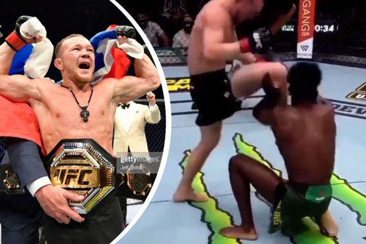 Слева — Пётр Ян 12 июля 2020 года в момент получения пояса UFC. Справа — он же бьет соперника коленом в лицо 7 марта 2021 года Слева — Пётр Ян 12 июля 2020 года в момент получения пояса UFC. Справа — он же бьет соперника коленом в лицо 7 марта 2021 года