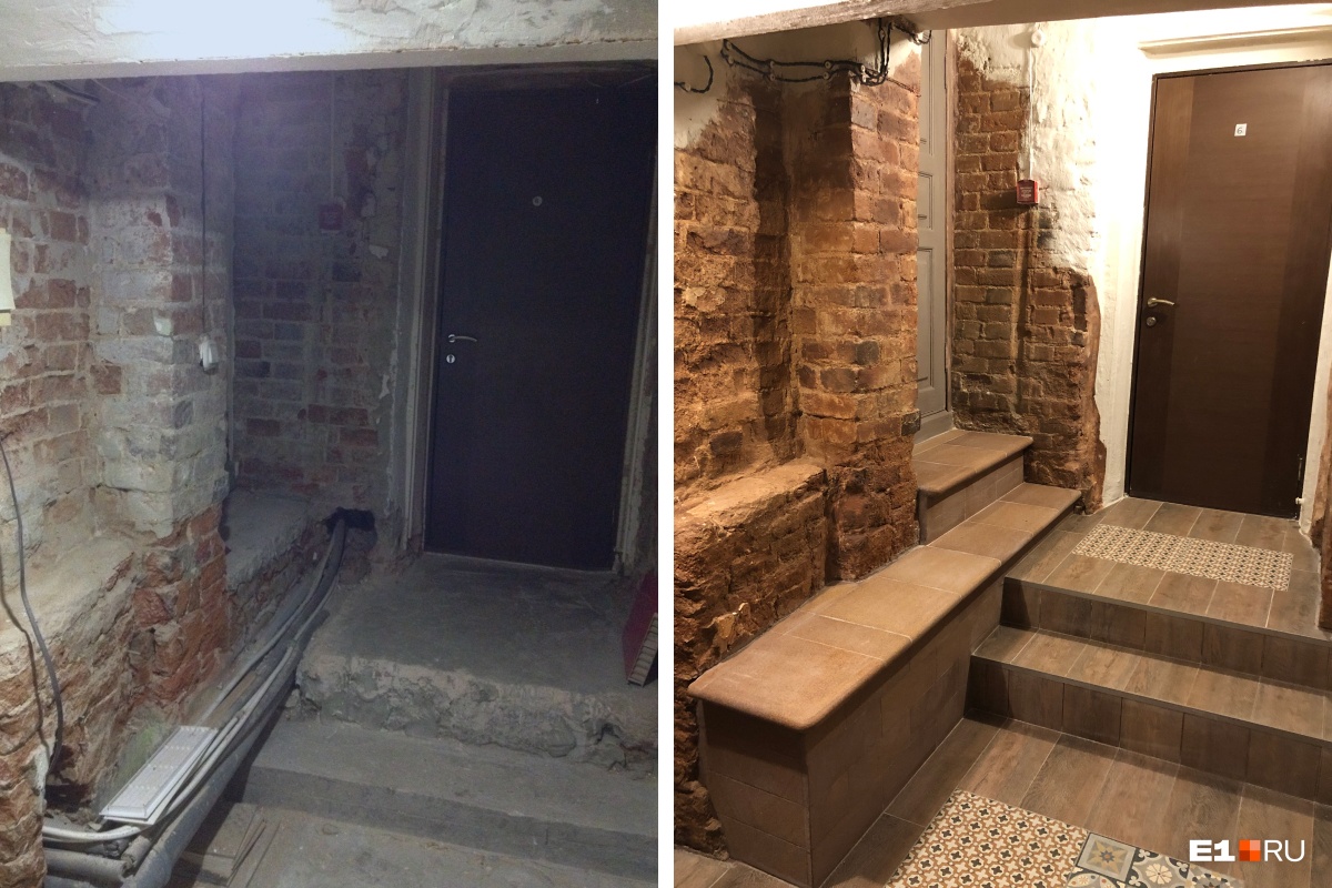 Первый этаж здания до и после ремонта, который провели владельцы хостела