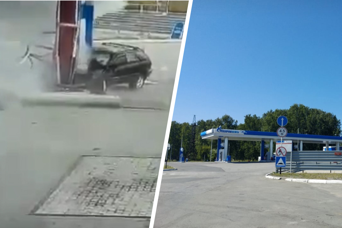 Под Новосибирском пьяный водитель протаранил колонку на АЗС — момент происшествия попал на видео