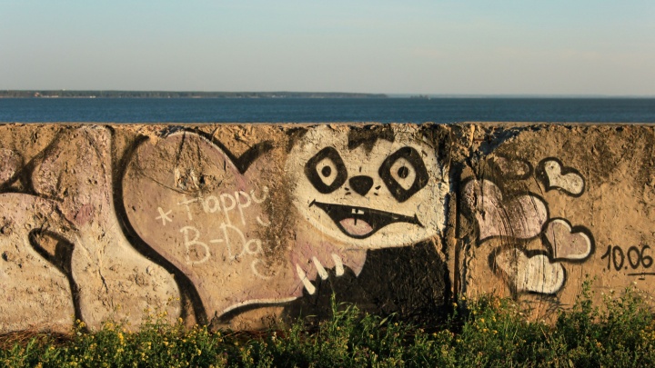 «Любви нет. Бухай»: что новосибирцы рисуют на длинной стене у Обского моря — 10 граффити с разным настроением