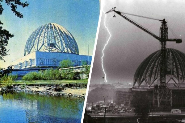 Слева фотография цирка на карманном календарике. А справа — снимок 1979 года, строительство купола здания Слева фотография цирка на карманном календарике. А справа — снимок 1979 года, строительство купола здания
