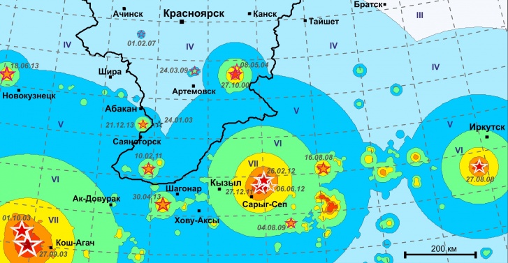 Наиболее сейсмически активные места рядом с Красноярском Наиболее сейсмически активные места рядом с Красноярском