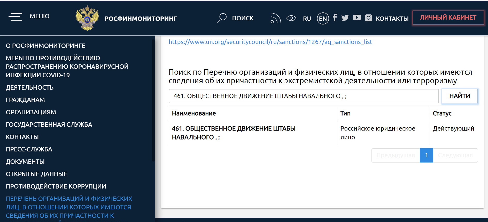 Список экстремистов. Росфинмониторинг. Реестр экстремистских организаций. Общественное движение «штабы Навального». Подзоров в списке Росфинмониторинга.