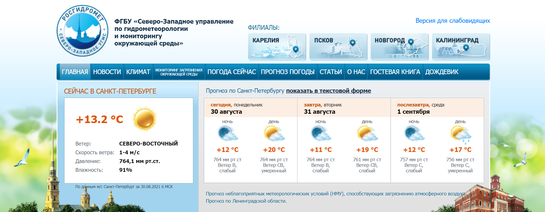 Скриншот с www.meteo.nw.ru