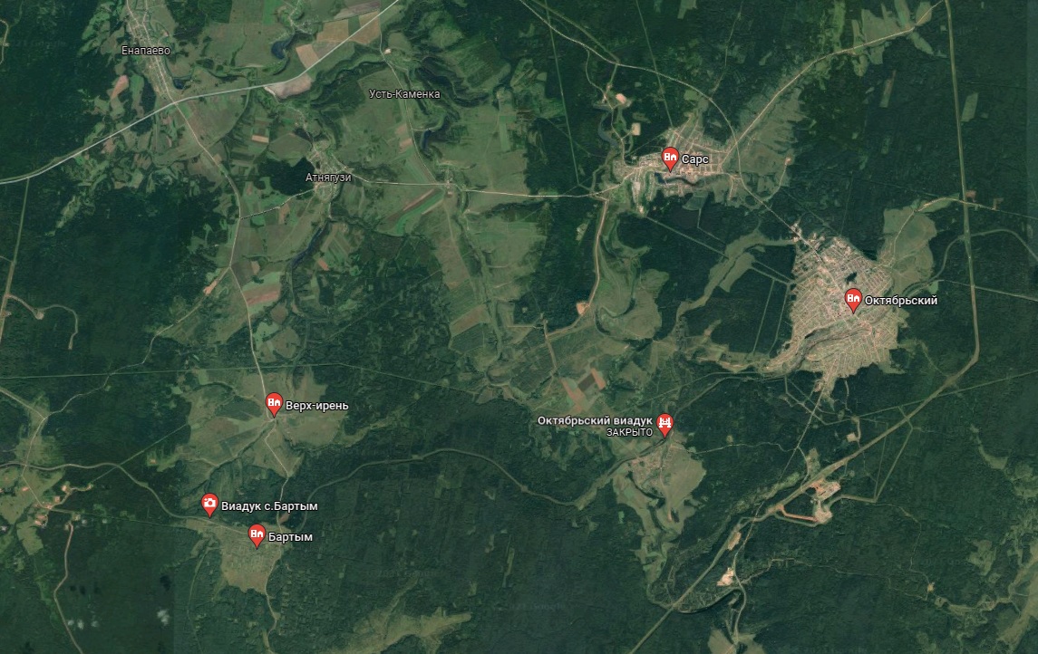 Прикамские виадуки на карте. Оба находятся недалеко от поселка Октябрьский