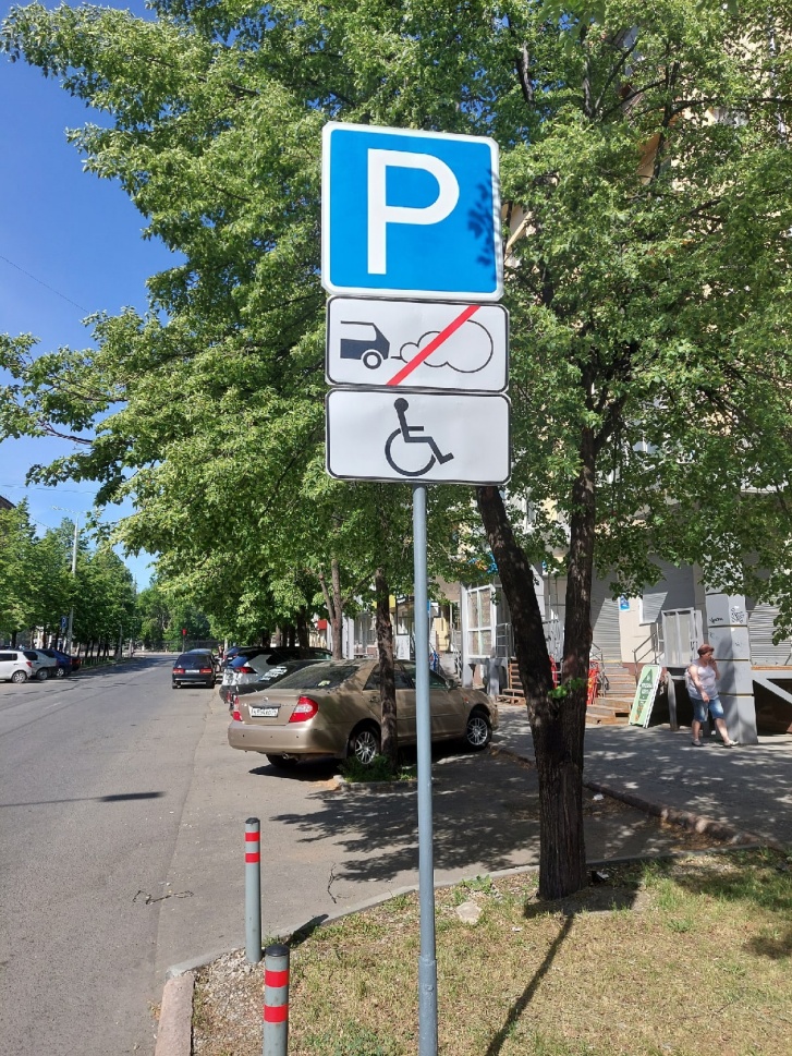 Спорная установка знаков на улице Плеханова: по мнению ГИБДД, такая комбинация обозначает, что под инвалидов зарезервировано всё пространство парковки