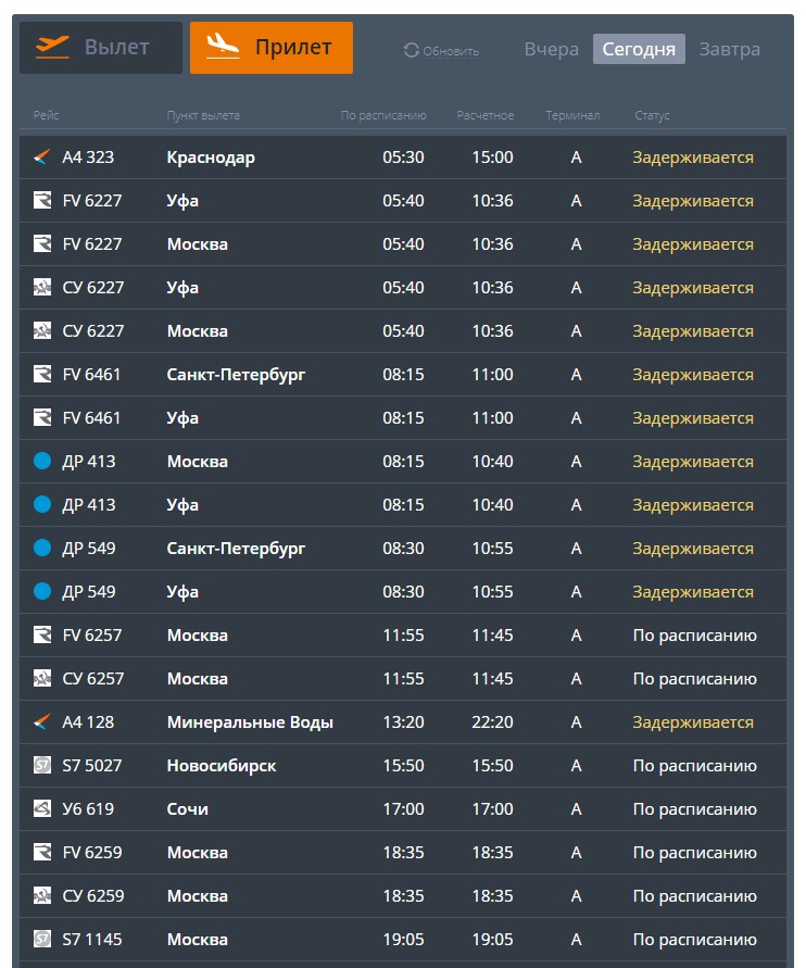 У некоторых рейсов задержка, согласно данным онлайн-табло, составляет до десяти часов