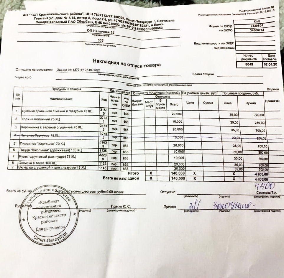 Накладная Красносельского комбината на отпуск товара с Наличной.