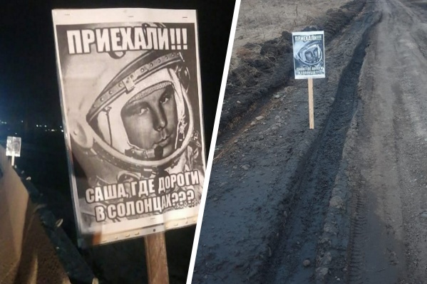 Жители Солонцов расставили на убитых дорогах таблички с портретом Юрия Гагарина Жители Солонцов расставили на убитых дорогах таблички с портретом Юрия Гагарина