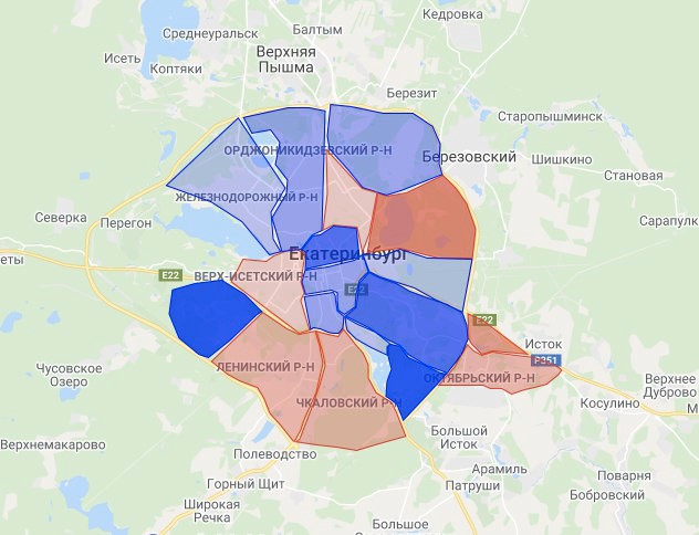 Синим выделены районы, где цена на недвижимость будет расти быстрее. Красным — «перегретые» территории