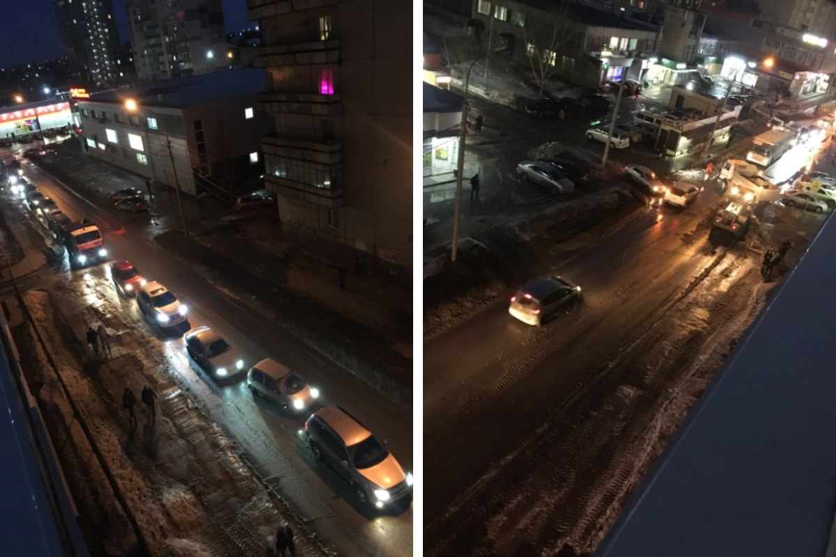 В Новосибирске улицу перекрыли из-за уборки снега — в час пик автомобилисты застряли в пробке