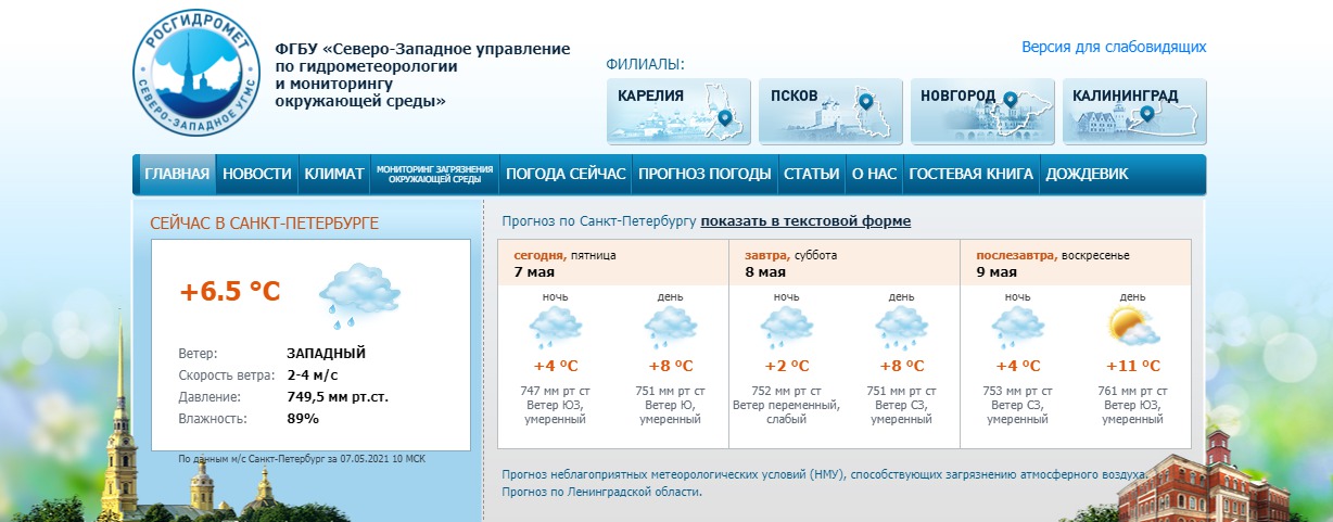 Скриншот с www.meteo.nw.ru