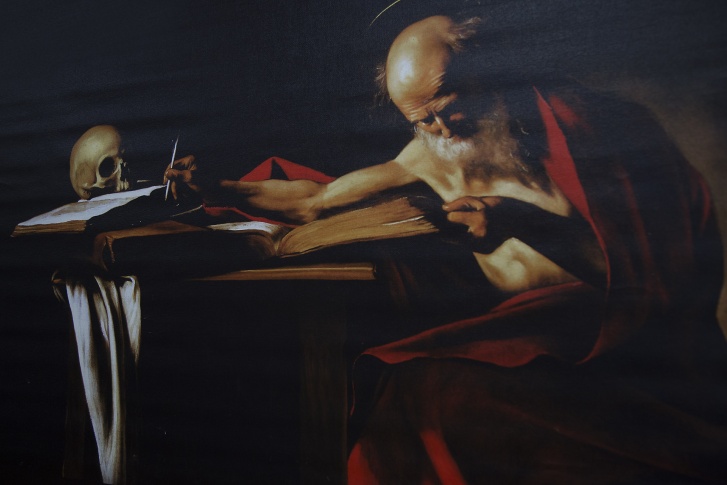 Репродукция картины Караваджо «Пишущий Святой Иероним», поздний ренессанс 1607–1608 года