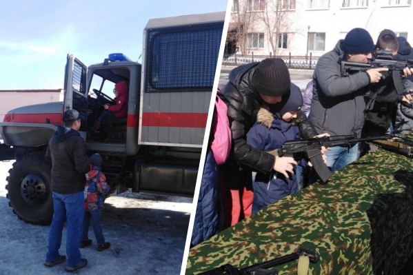 Детям дали посидеть в кабине служебного автомобиля и прицелиться из оружия Детям дали посидеть в кабине служебного автомобиля и прицелиться из оружия