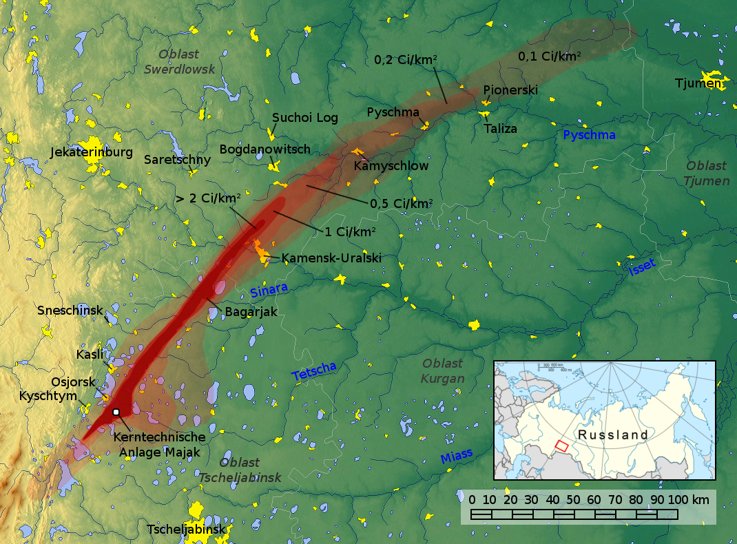 Карта восточно-уральского радиоактивного следа после взрыва 1957 года. В красную зону попали истоки Течи Карта восточно-уральского радиоактивного следа после взрыва 1957 года. В красную зону попали истоки Течи
