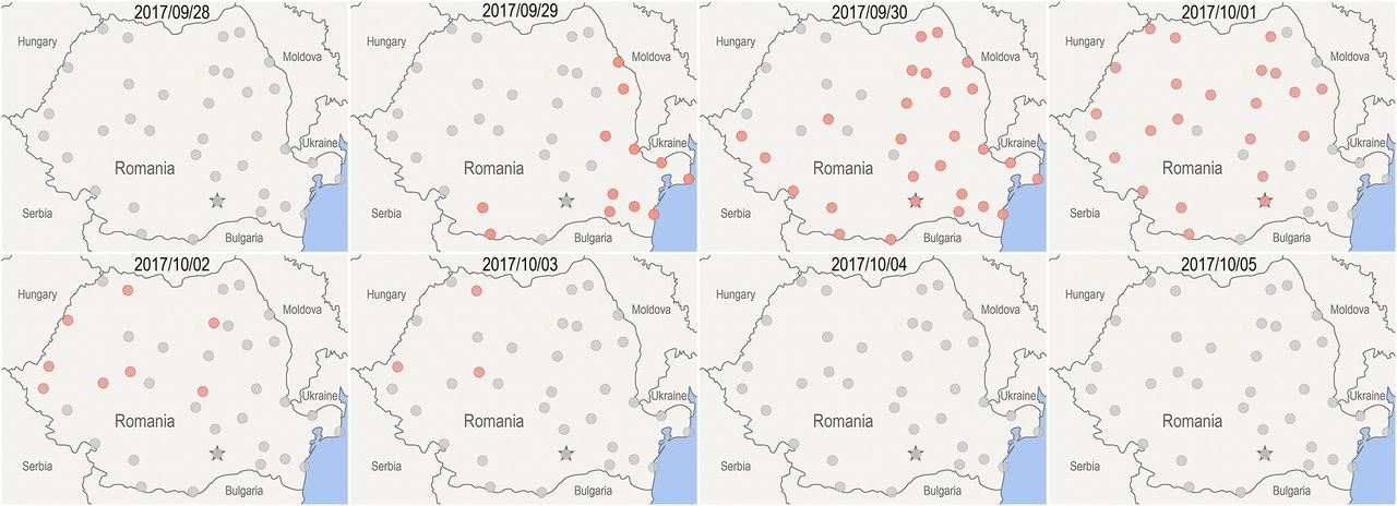 Прохождение облака через Румынию. Красные точки — сработки датчиков. Поскольку фронт облака выглядит близким к линейному, авторы делают вывод, что зародилось оно где-то вдалеке от Румынии Прохождение облака через Румынию. Красные точки — сработки датчиков. Поскольку фронт облака выглядит близким к линейному, авторы делают вывод, что зародилось оно где-то вдалеке от Румынии