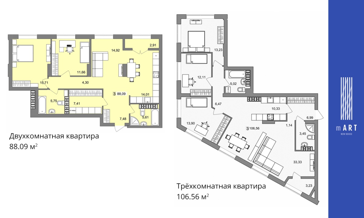 В двух- и трехкомнатных квартирах предусмотрены удобные связи всех зон без лишних переходов В двух- и трехкомнатных квартирах предусмотрены удобные связи всех зон без лишних переходов
