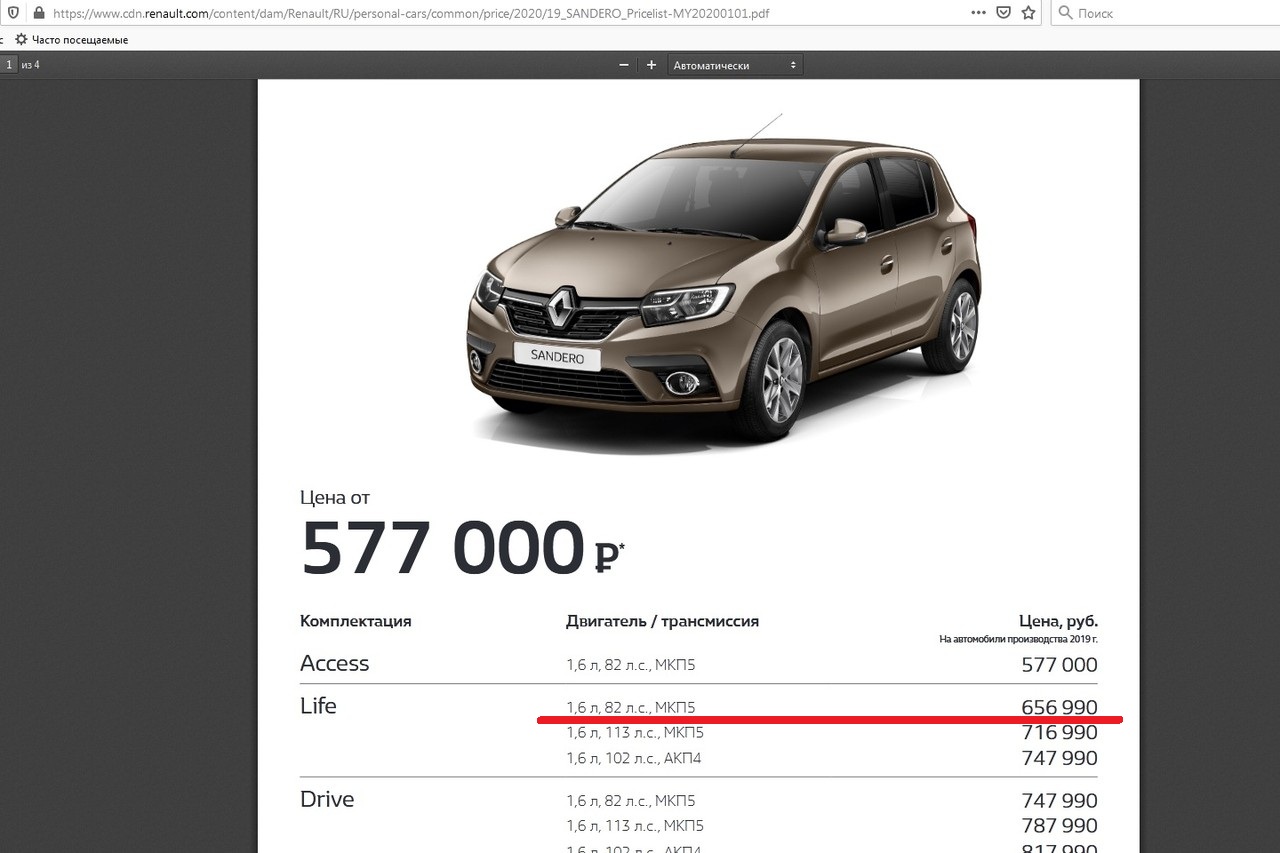 На официальном сайте Renault комплектация Sandero Life 1.6 (82 л.с.) стоит 656 990 рублей На официальном сайте Renault комплектация Sandero Life 1.6 (82 л.с.) стоит 656 990 рублей