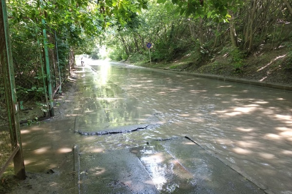 Горячая вода, которой залило дорогу, мощным потоком вытекает из трубы под Коммунальным мостом Горячая вода, которой залило дорогу, мощным потоком вытекает из трубы под Коммунальным мостом 