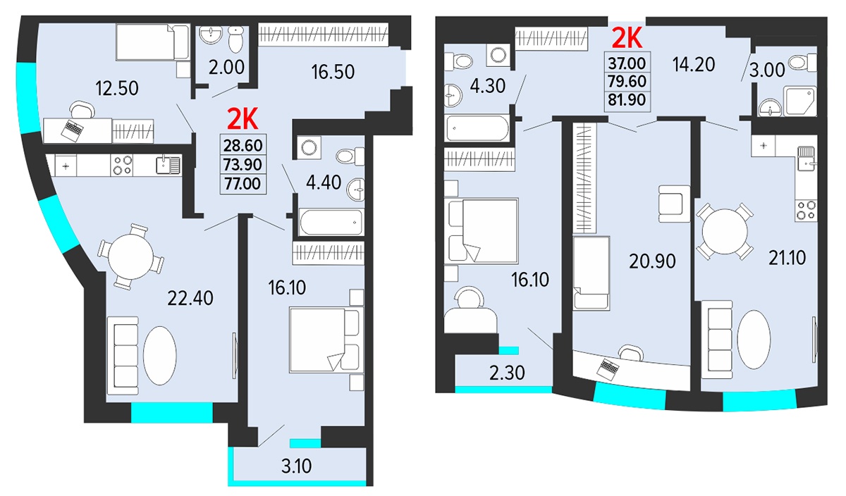 Площадь двушек впечатляет, есть даже варианты по 81 кв. м. Здесь два санузла, в просторном коридоре — ниша под шкафы-купе