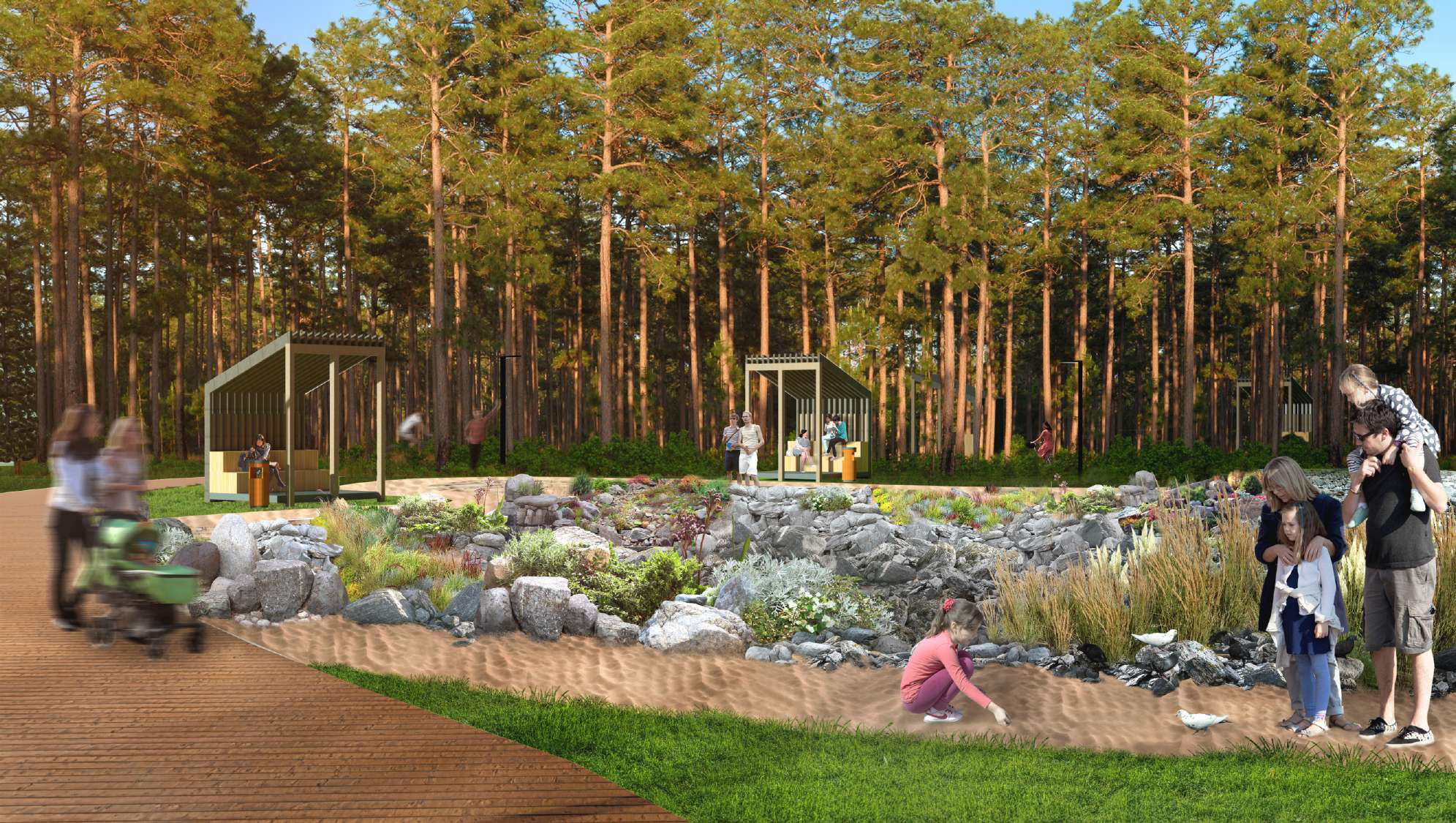 Чтобы разнообразить ландшафт, архитекторы предлагают создать в парке «сухое озеро», то есть углубление, наполненное камнями с добавлением различных декоративных растений. А вокруг него поставят беседки