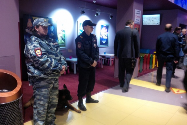 В фойе кинотеатра много полиции с собаками В фойе кинотеатра много полиции с собаками