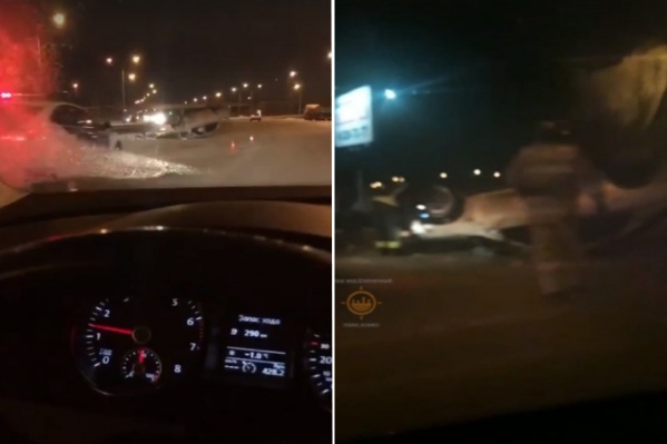 Перевернутую машину засняли очевидцы сегодня ночью Перевернутую машину засняли очевидцы сегодня ночью