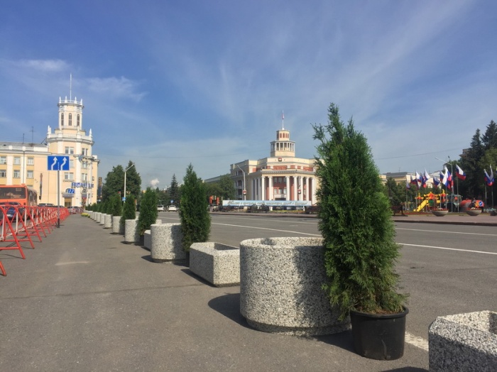 Центр Кемерово украсили вечнозелёные деревья в вазонах (фото)