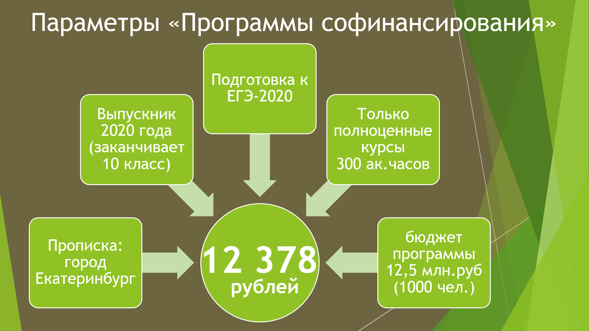 Ключевые параметры «Программы софинансирования довузовской подготовки выпускников города Екатеринбурга» Ключевые параметры «Программы софинансирования довузовской подготовки выпускников города Екатеринбурга»