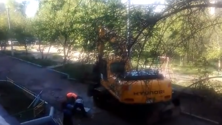 Во дворе на Юшкова экскаватором выломали аллею деревьев под расширение проезда