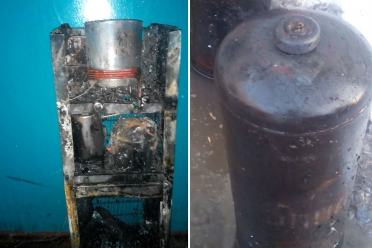 Слева остатки установки по перекачиванию газа, а справа — один из 50-литровых газовых баллонов