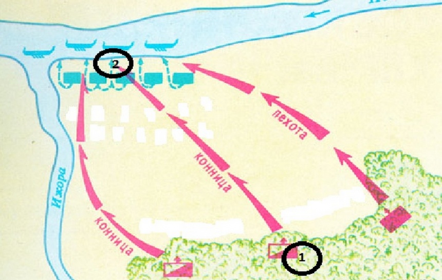 Напишите имя полководца предположительно командовавшего войском отмеченным на схеме цифрой 2