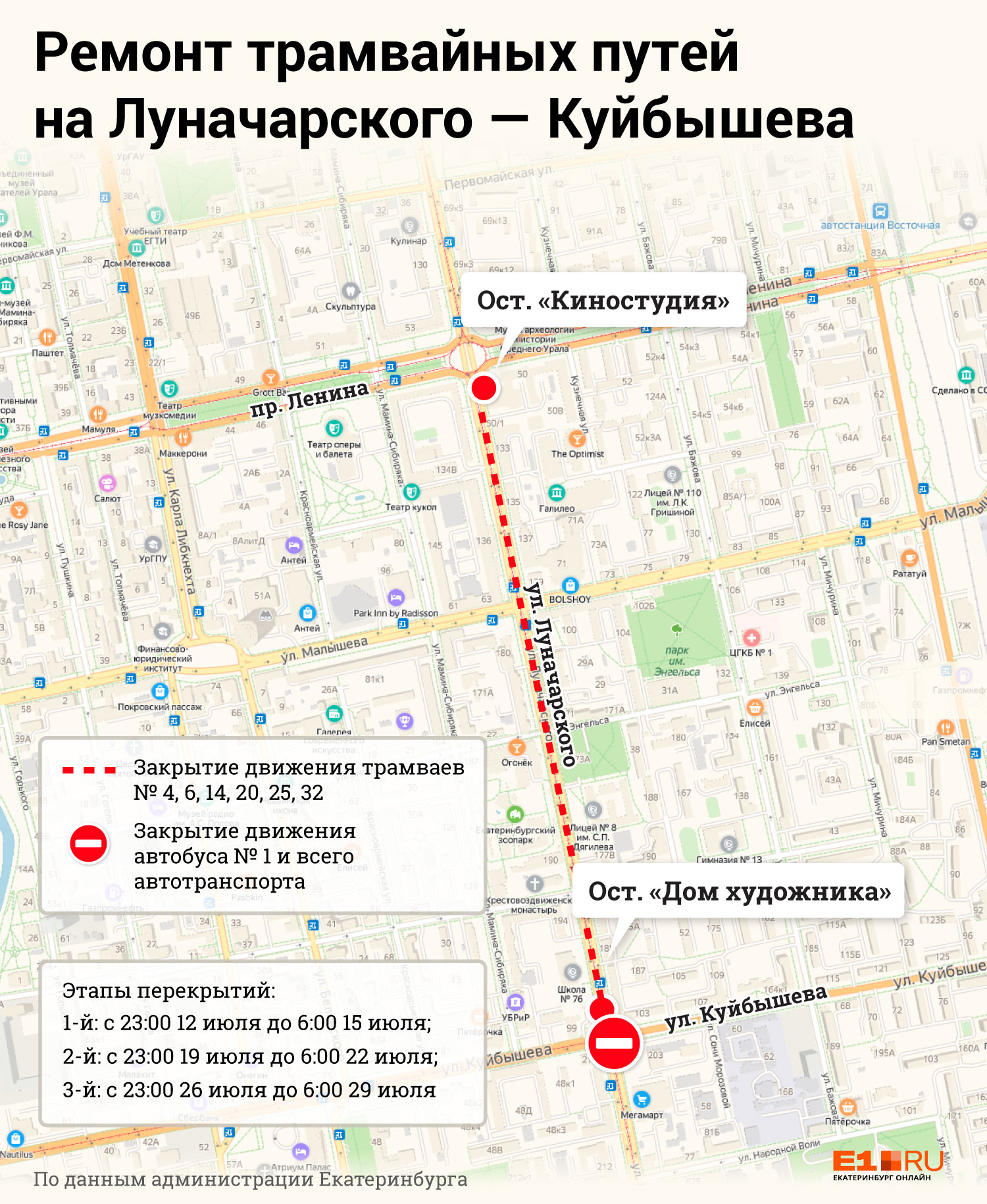 В Екатеринбурге закроют движение всех видов транспорта на Куйбышева — Луначарского