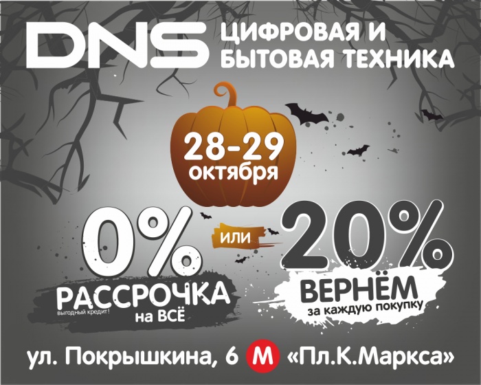 28 и 29 октября DNS предлагает любой товар в рассрочку без переплат или вернёт 20 % от цены