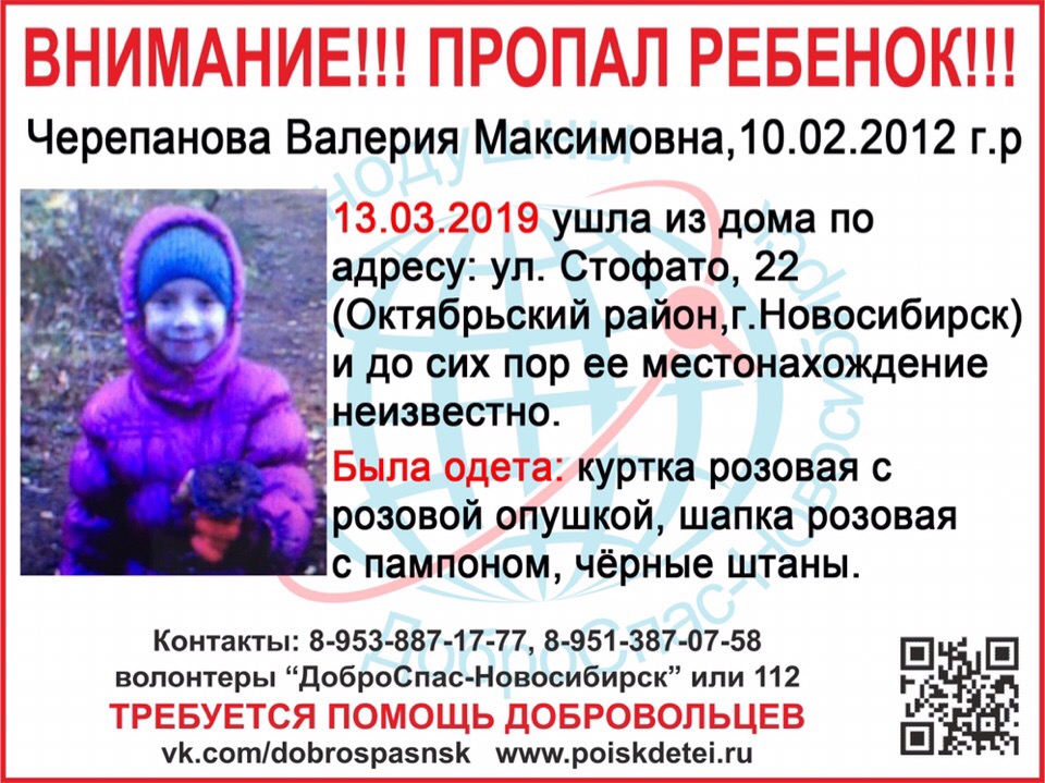 В Новосибирске пропала 7-летняя девочка — волонтёры объявили срочный сбор