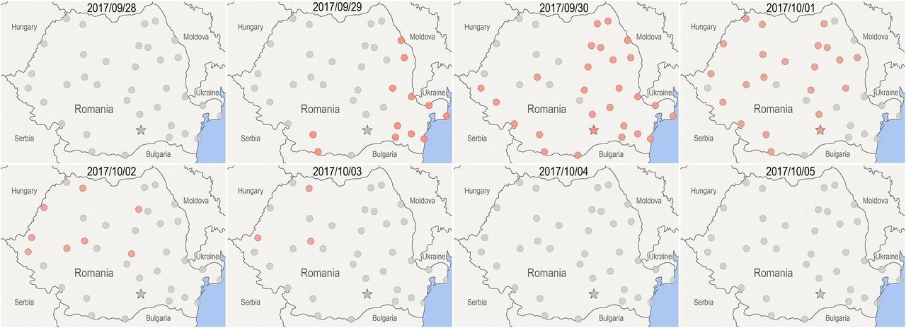 Прохождение облака через Румынию. Красные точки — сработки датчиков. Поскольку фронт облака выглядит близким к линейному, авторы делают вывод, что зародилось оно где-то вдалеке от Румынии