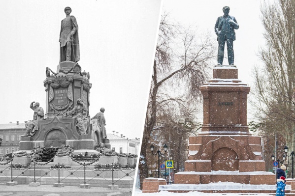 На постамент, где некогда стояла скульптура императора, после революции водрузили статую Ленина На постамент, где некогда стояла скульптура императора, после революции водрузили статую Ленина